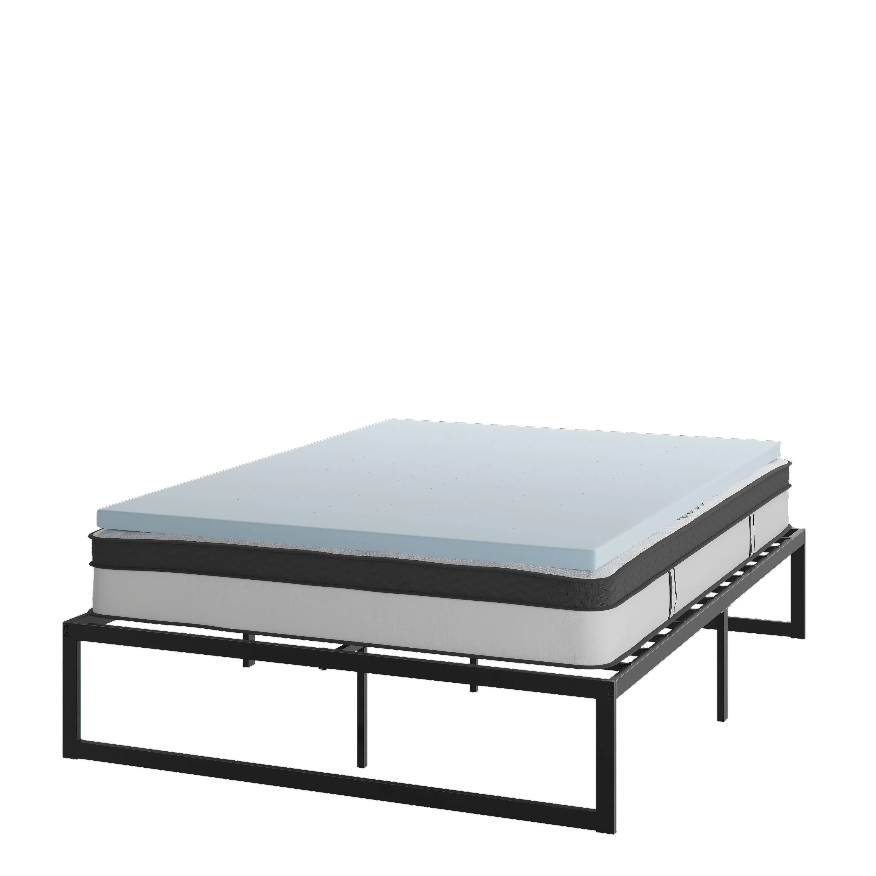 14 Inch Metal Platform Bed Frame with 10 Inch Pocket Spring Mattress in a Box and 2 Inch Cool Gel Memory Foam Topper - Queen