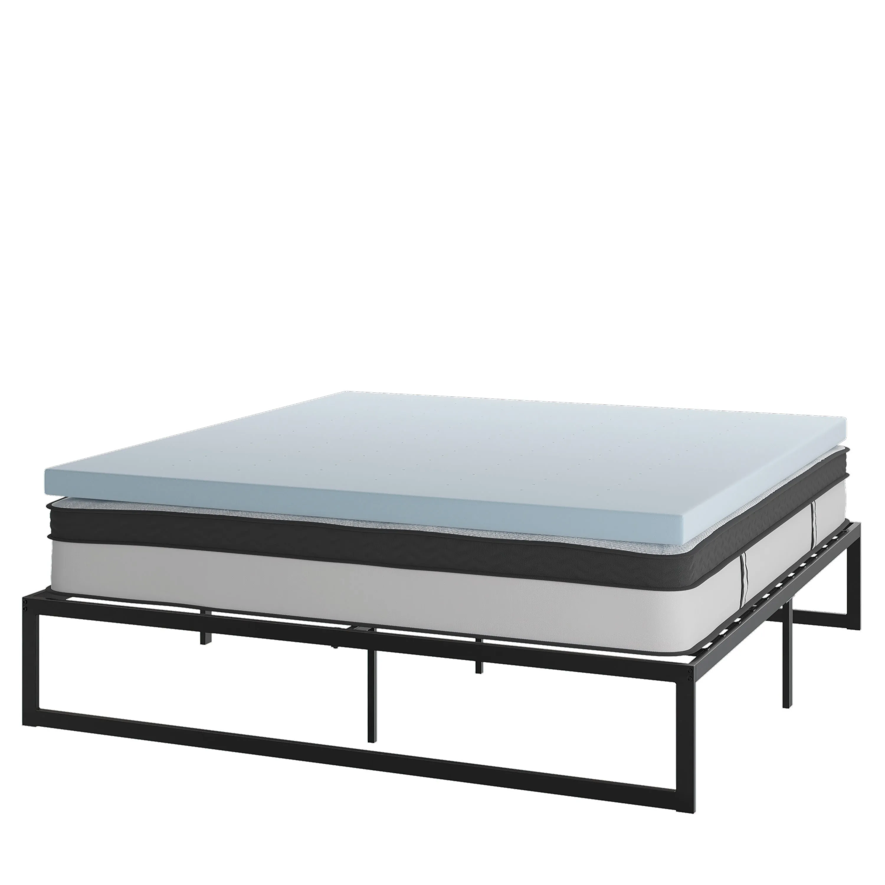 14 Inch Metal Platform Bed Frame with 12 Inch Pocket Spring Mattress in a Box and 3 inch Cool Gel Memory Foam Topper - King