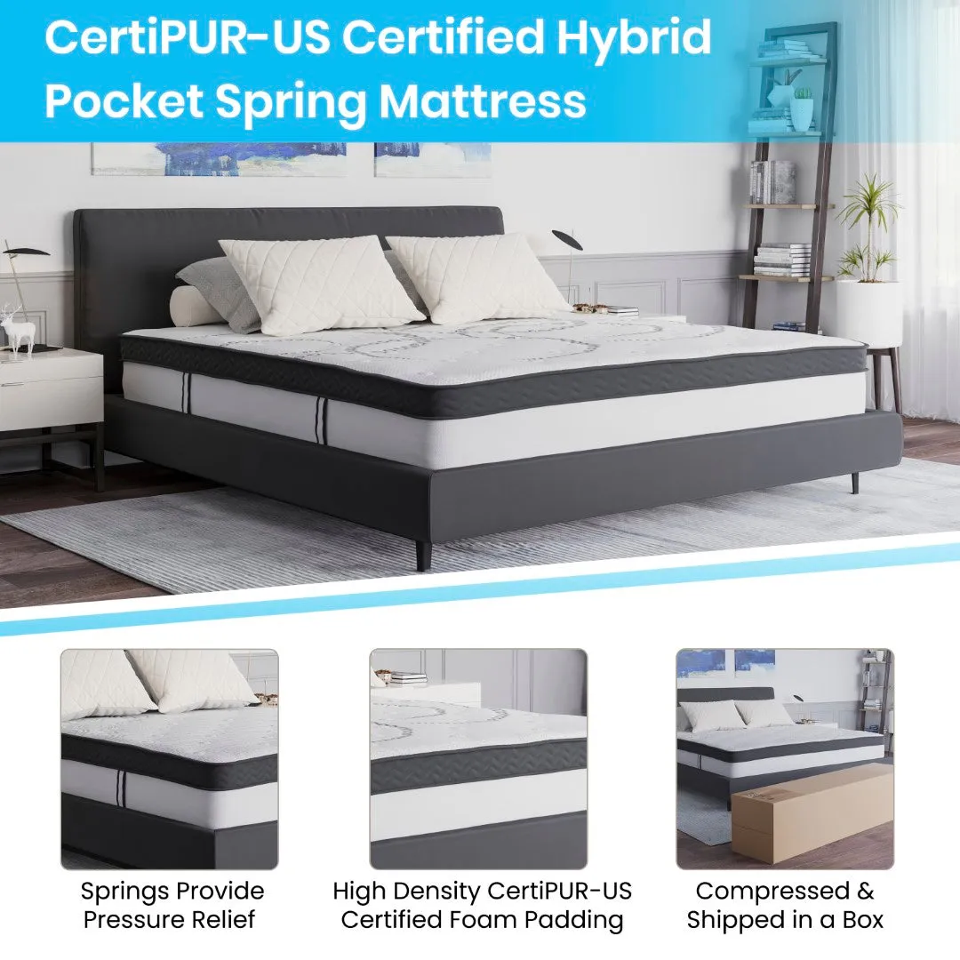 14 Inch Metal Platform Bed Frame with 12 Inch Pocket Spring Mattress in a Box and 3 inch Cool Gel Memory Foam Topper - King