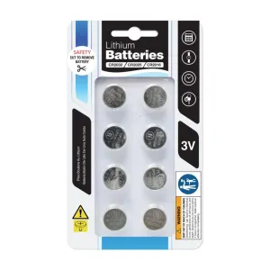 Lithium Button Cell 3V Batteries | Assorted Multipack of 8 | Cr2032 Cr2025 Cr2016