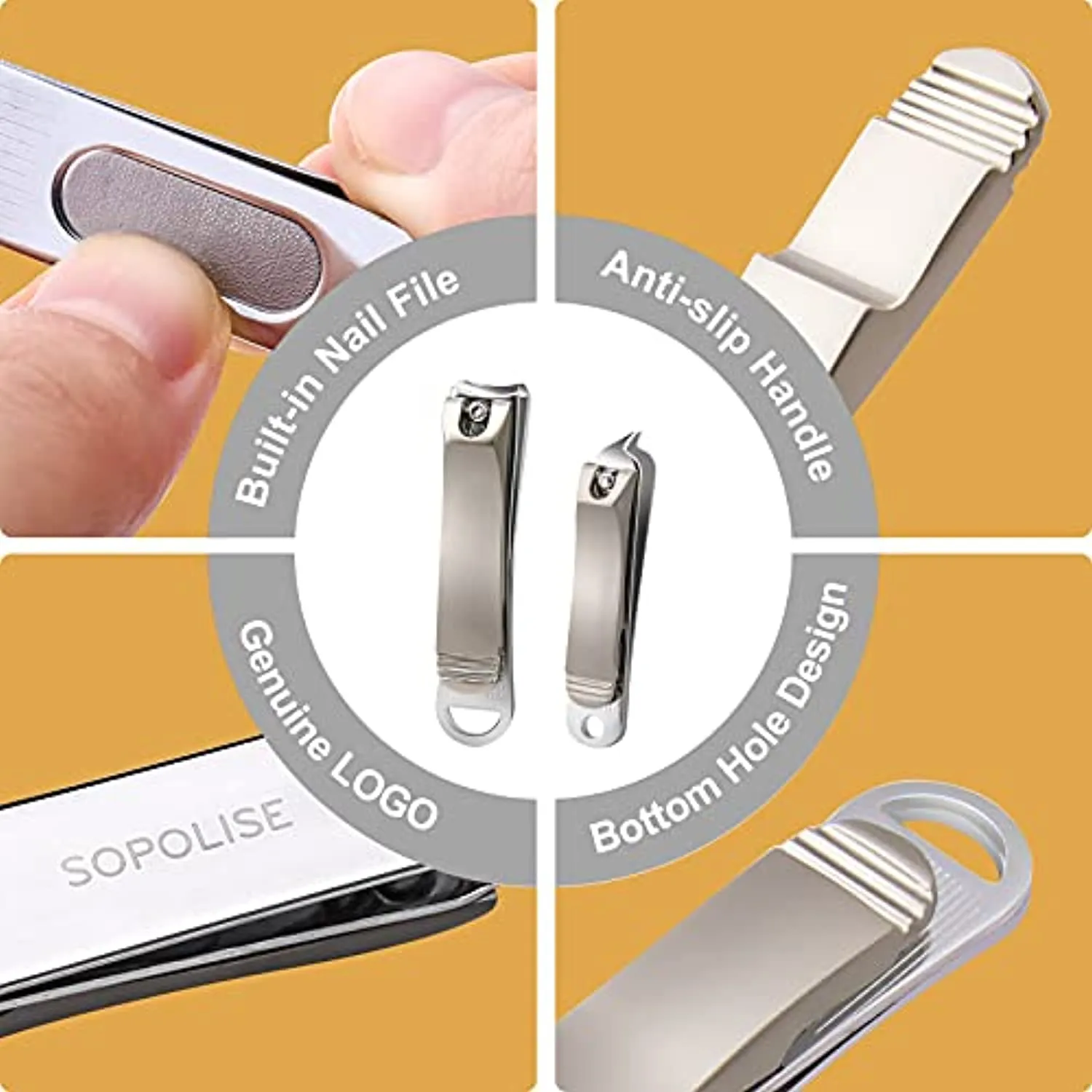SOPOLISE Nail Clipper Set – Premium Carbon Steel Sharp Fingernails Clippers and Toenails Clippers with Nail File and Leather Case for Women and Men（3 PCS）